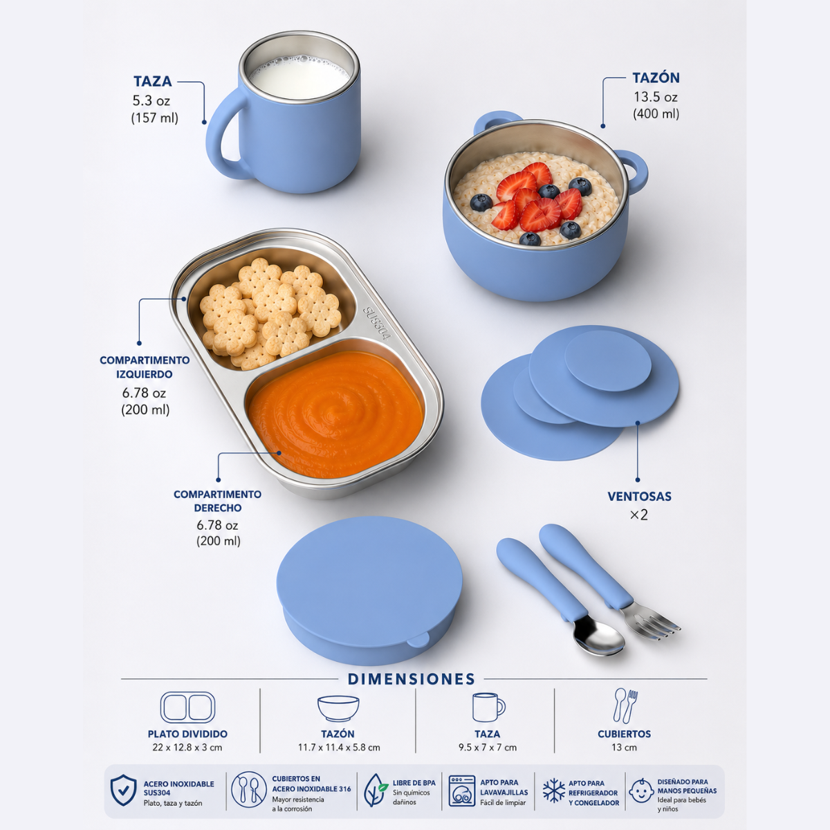 Set de Alimentación de Acero Inoxidable con Taza